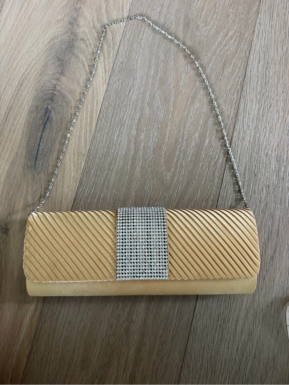Gold Baguette Style Evening Bag with Rhinestone Detail